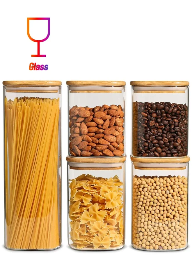 1Chase 1CHASE 5-Piece Square Food Storage Jar With Airtight Bamboo Lid